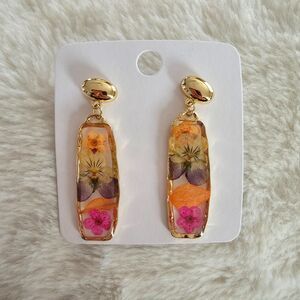 {2/$30} Dried Flower Gold Bangle Drop Earrings Cottage Grandma Boho Fairy Twee